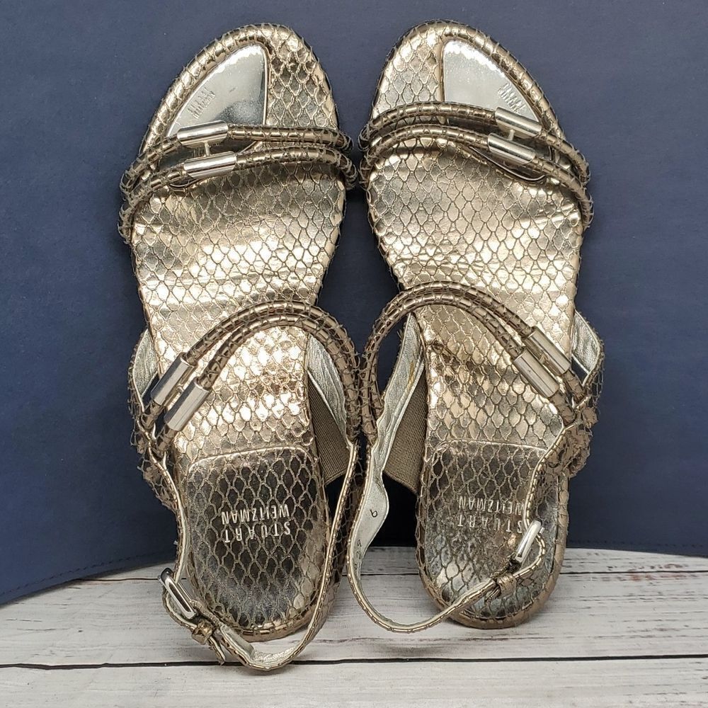 𝅺STUART WEITZMAN Pewter Silver‎ Snakeskin Python Print Embossed Wedge Sandals - Picture 7 of 12